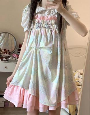 Dívčí letní japonské sladké šaty roztomilé plisované patchworkové Harajuku šaty