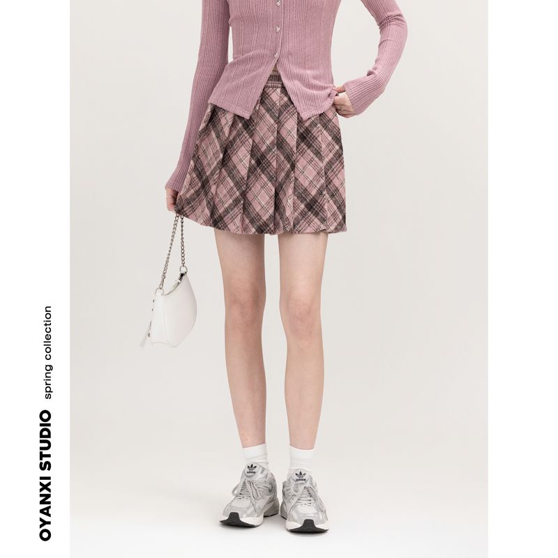 

Оуян Си Ретро Клетчатый Весенний Приталенный Костюм Короткая Юбка