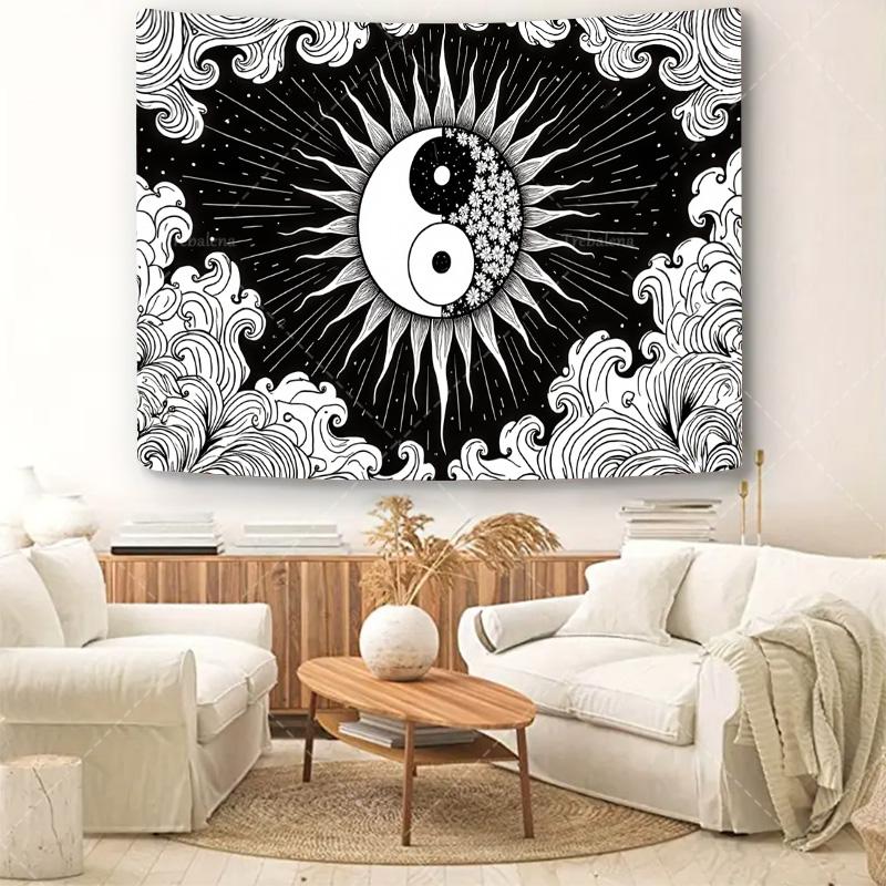 1pc Wall Tapestry Yin Yang Sun Moon Tapestry - Black White Boho Wall Hanging for Bedroom Decor