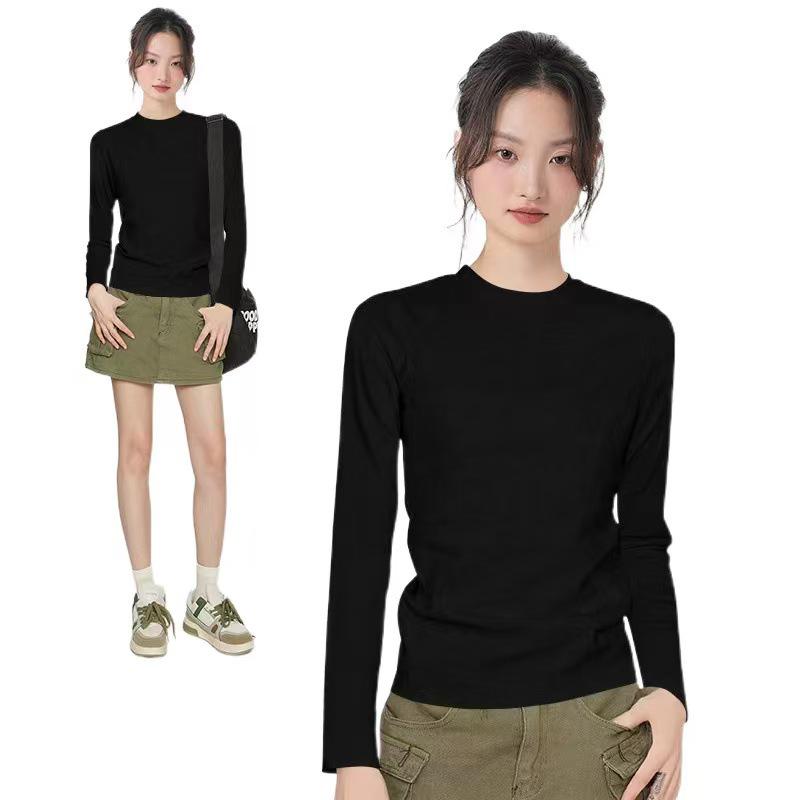 Spring/Summer Women's Slim Fit Mulberry Silk Crew Neck Long Sleeve Base Layer T-Shirt - White