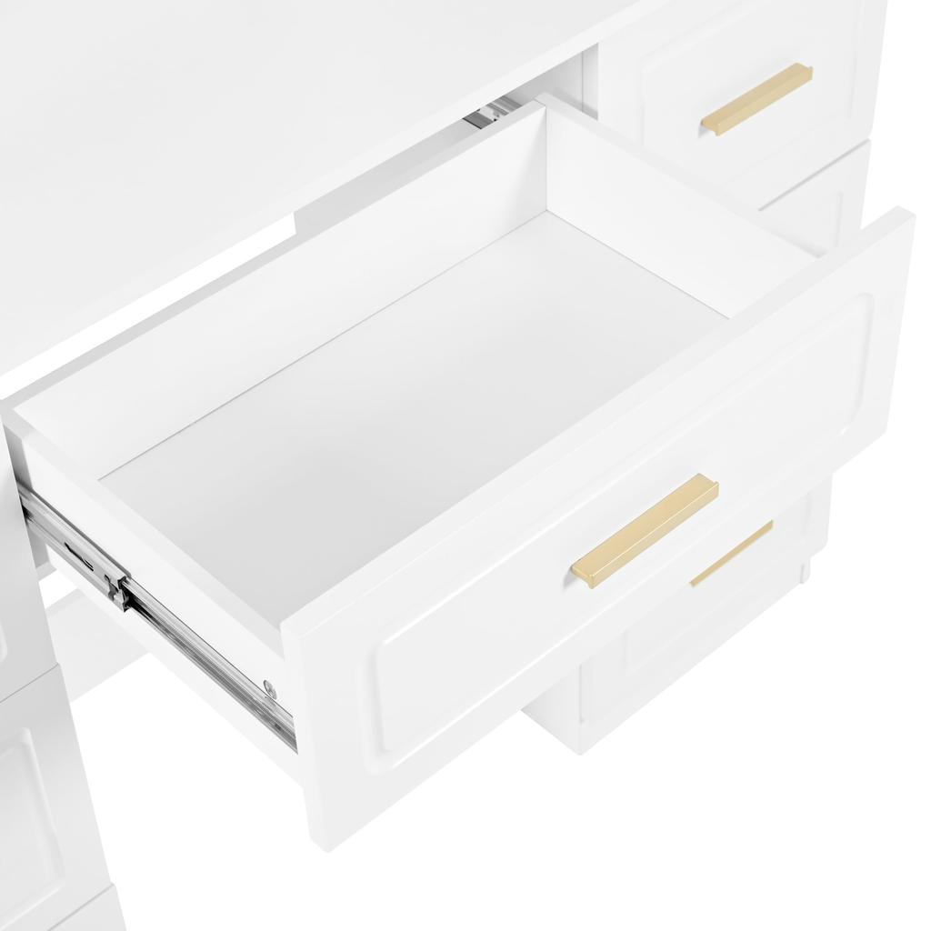 Schminktisch LED-Beleuchtung Spiegel, 3 Helligkeiten, Moderner Frisiertisch, 6 offene Ablagen, 9 Schubladen, Hocker, Holz, Weiß