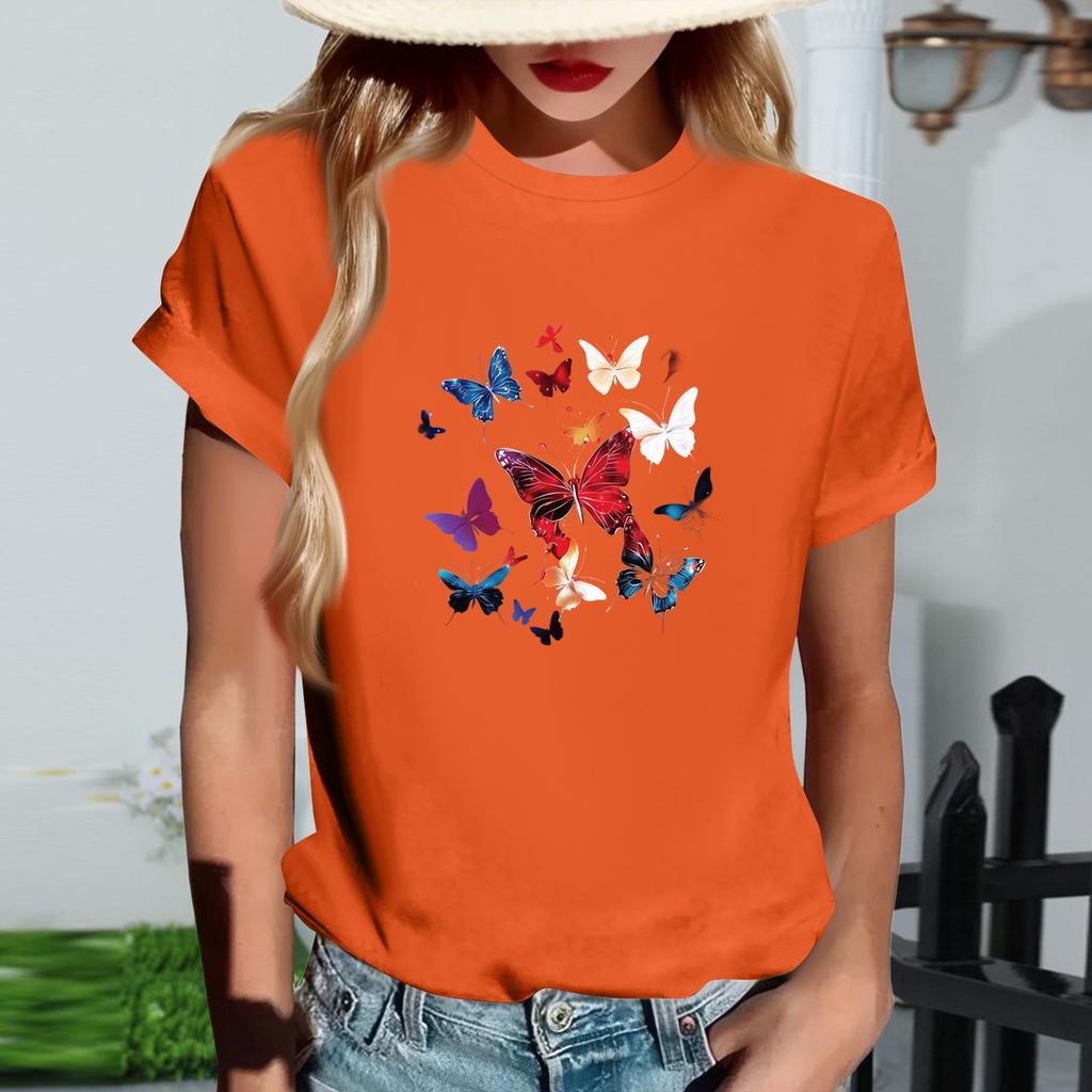 Women's Fashionable Round Neck Casual Retro Print Short Sleeved T-shirt Top