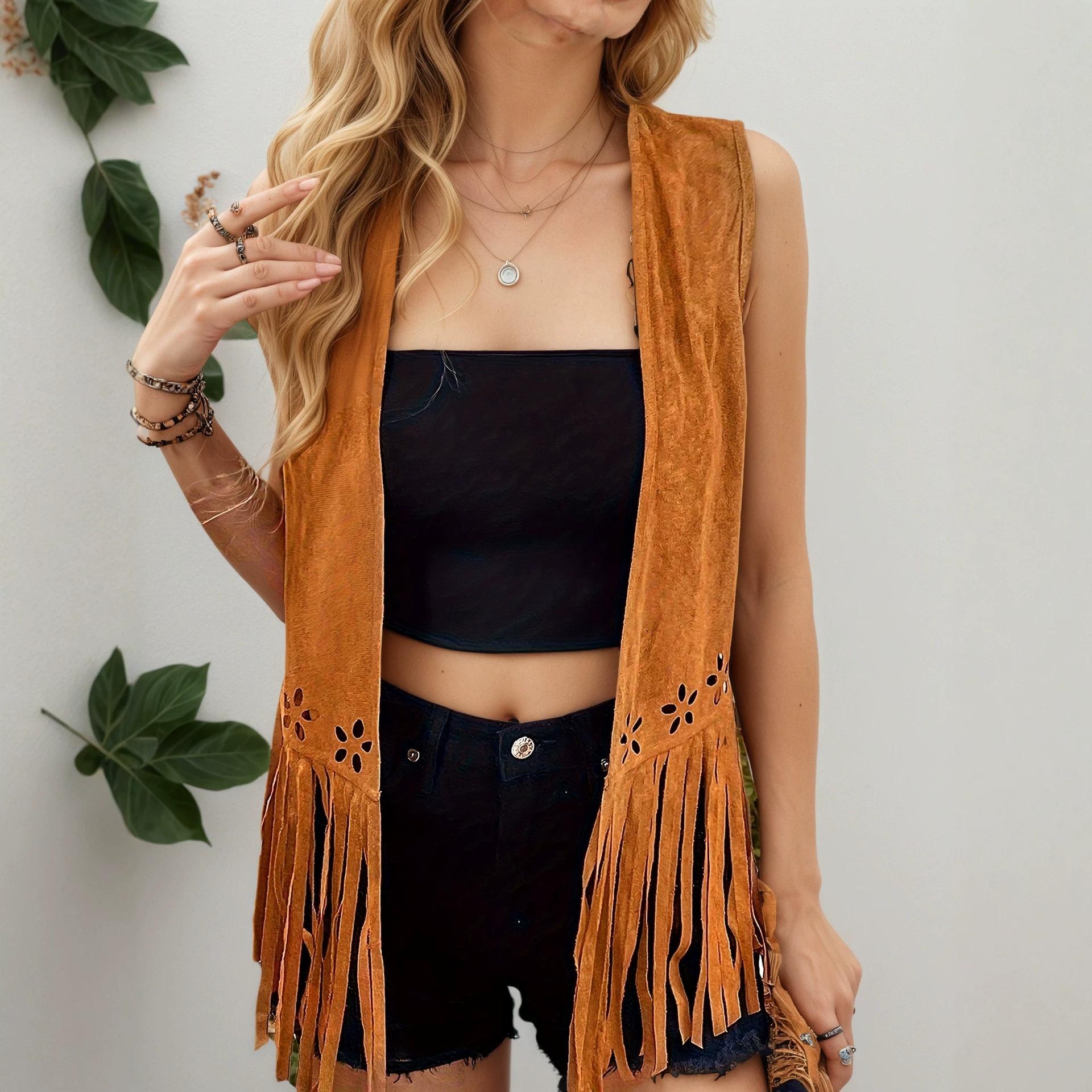 European and American shein new women s burning flower fringed jacket casual fashion temperament medium and long cardigan vest XS