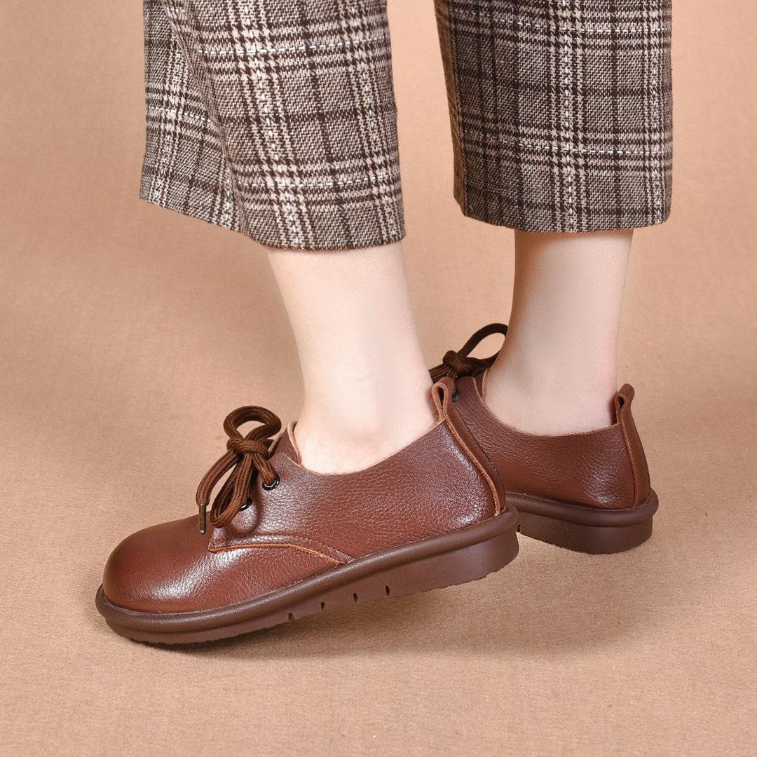 

Туфли женские с круглым носком, осень 2025 г., новые туфли на мягкой подошве из воловьей кожи со шнуровкой, удобные туфли в британском стиле из натуральной кожи 40 коричневый