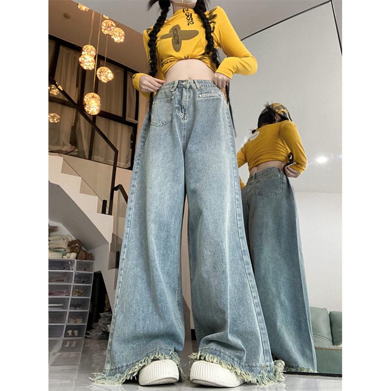 

Women s Plus Size High Waist Raw Hem Wide Leg Jeans - Autumn Slimming Straight Leg Floor Length Pants 4XL