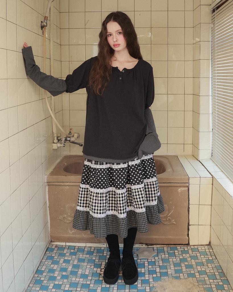 Phased Cottage Mix Pattern Skirt_Black