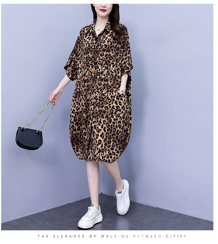 

2026 Summer Women s Retro Loose Leopard Print Plus Size Mid-Length Short Sleeve Shirt Dress L (Height 157-180cm)