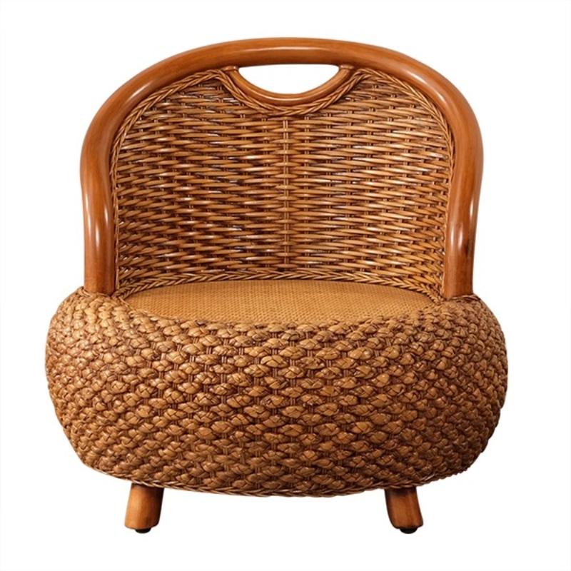 Rattan Weave round Accent Chair Comfort Floor Seat with Backrest Cozy Pouf Ottoman for Balcony Living Room