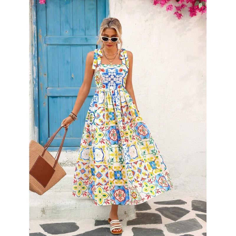 Europe, America 2026 summer new fashion casual elegant romantic print seaside vacation dress S жёлтый
