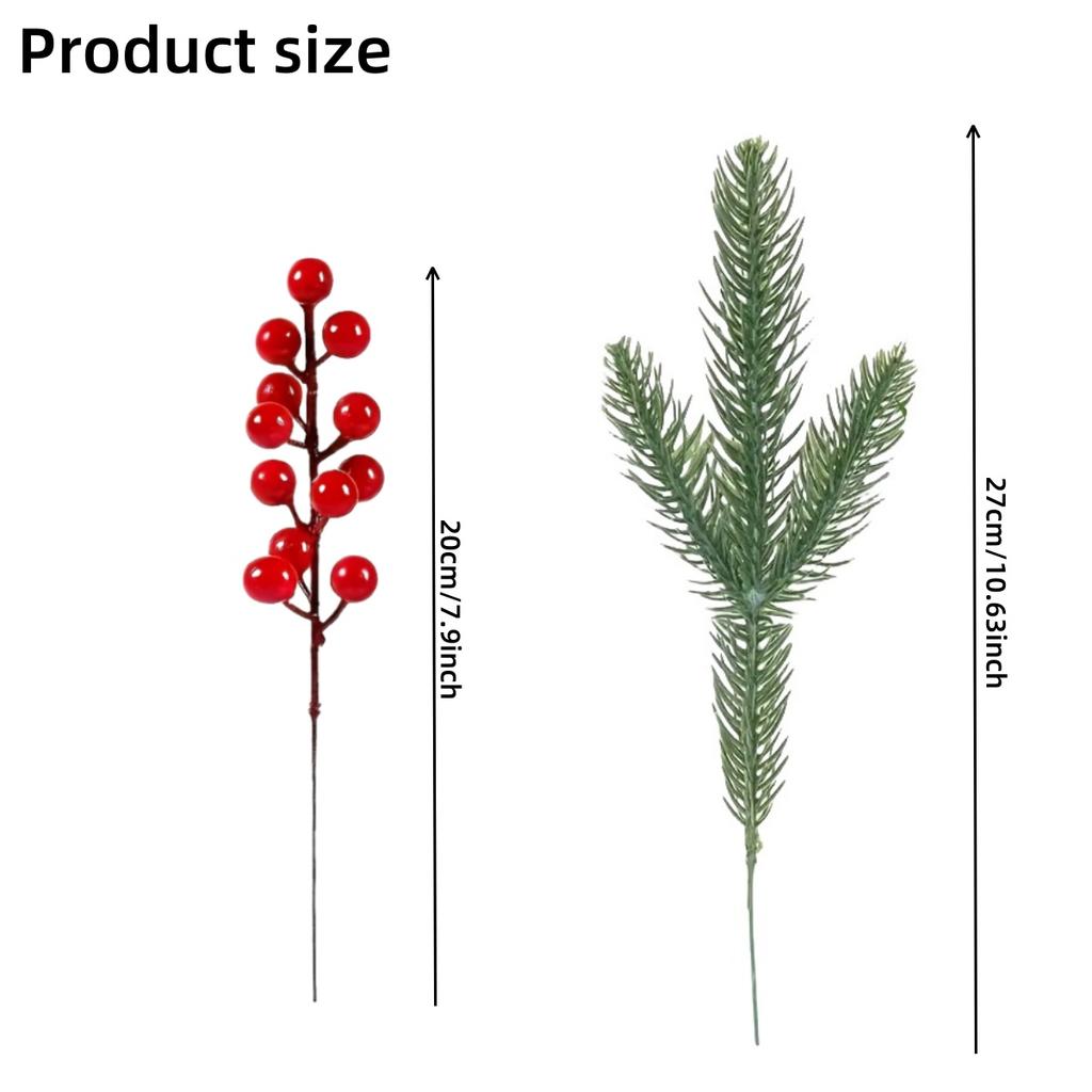 30PCS Artificial Christmas Pine Branches with Red Berries, Plastic,DIY Wreath Making Supplies for Home Holiday Decor