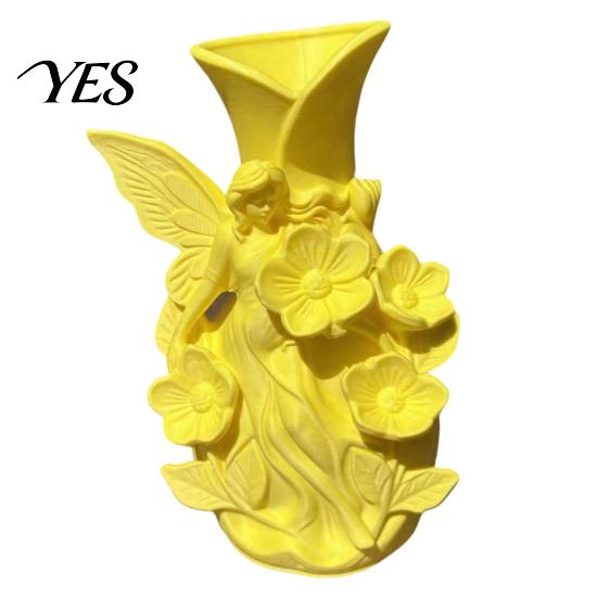 Desktop Ornament 3D Printed Fairy Garden Sculpture Vase, Fantasy Flower Pot with Cream Yellow Vase Statue, Dual-Use Holder for Entryway & Creative