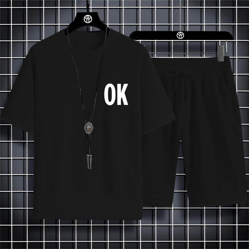Summer Fashion Casual Sports Style Alphabet Ok Printed Men'S Round Neck Short Sleeve T-Shirt Drawstring Shorts Beach Suit