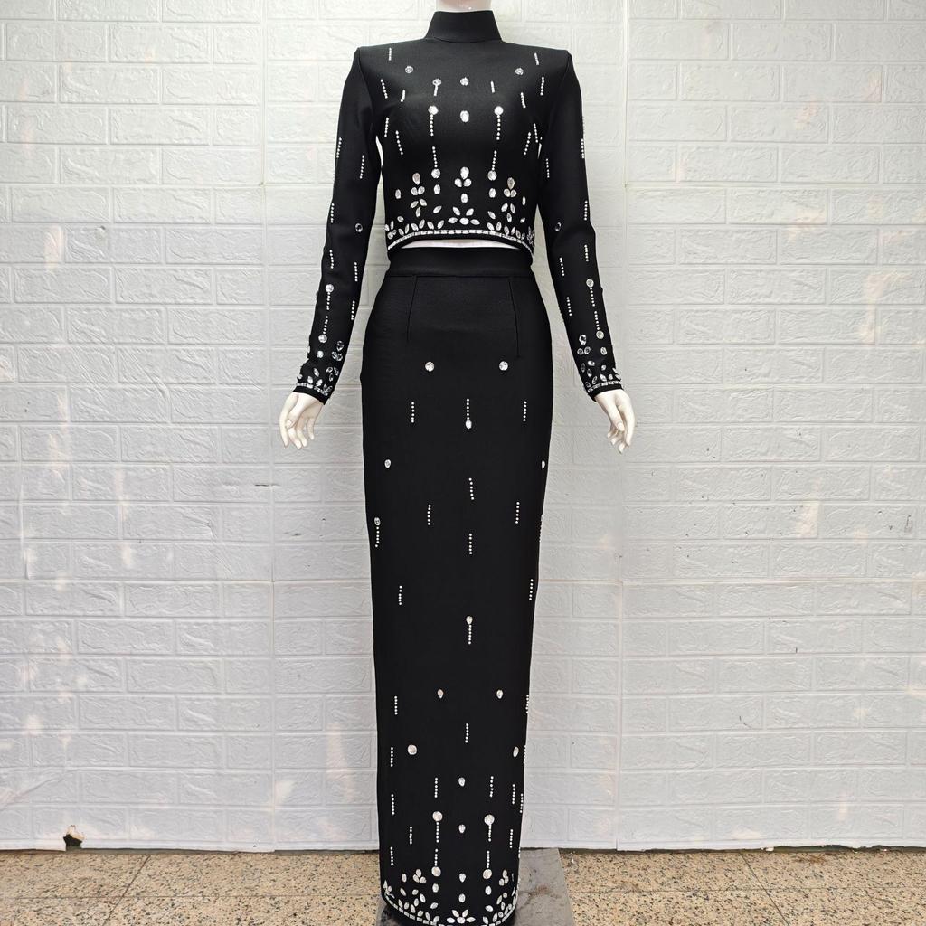 Elegant Rhinestone-Encrusted Bandage Top & Skirt Set