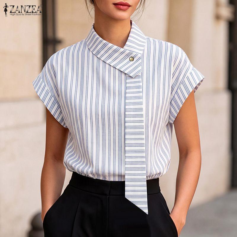 ZANZEA Blusa Casual de Mujer con Cuello Redondo, Manga Corta Suelta a Rayas