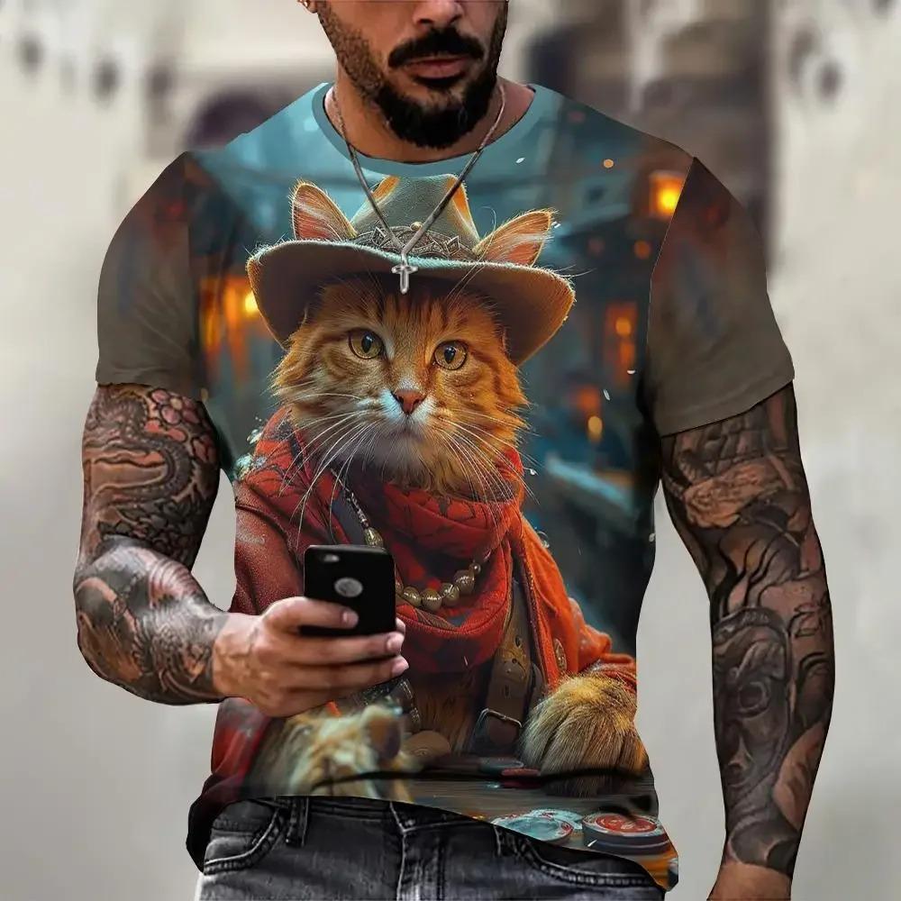 Summer Round Neck 3D Cool Cat Graphic Print Top Fashionable Casual Short Sleeved Men's T-shirts