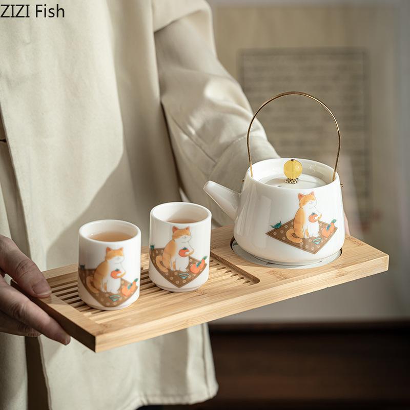 Uroczy pomarańczowy zestaw do herbaty dla kota, zestaw do herbaty Kung Fu, kreatywny ceramiczny czajniczek i filiżanka do herbaty, zestaw do herbaty, prezent na festiwal biznesowy