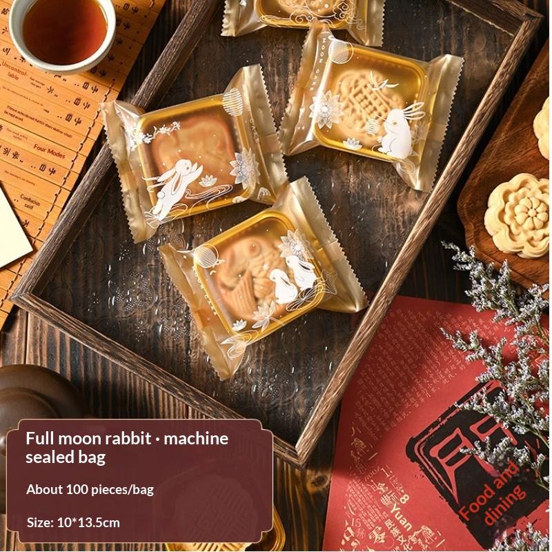 100Pcs Sealable Mooncake Packaging Bags Adorable Rabbit Prints Food Grade for Mid-Autumn Festival Baking Store Gift Packaging Use