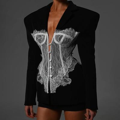 Women's Black Wide Lapel Blazer Jacket with Lace Trim Corset, Long Sleeve Oversized Blazer