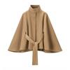 Women's Batwing Sleeve Wool Poncho Coat Stand Collar Cropped Cape Jacket with Belt Fall Winter