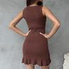 European and American Spring and Summer Temperament Solid Color Round Neck Sleeveless Wavy Rolled Edge Slim Fit Dress