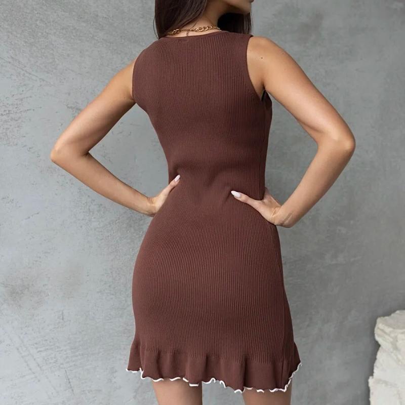 European and American Spring and Summer Temperament Solid Color Round Neck Sleeveless Wavy Rolled Edge Slim Fit Dress