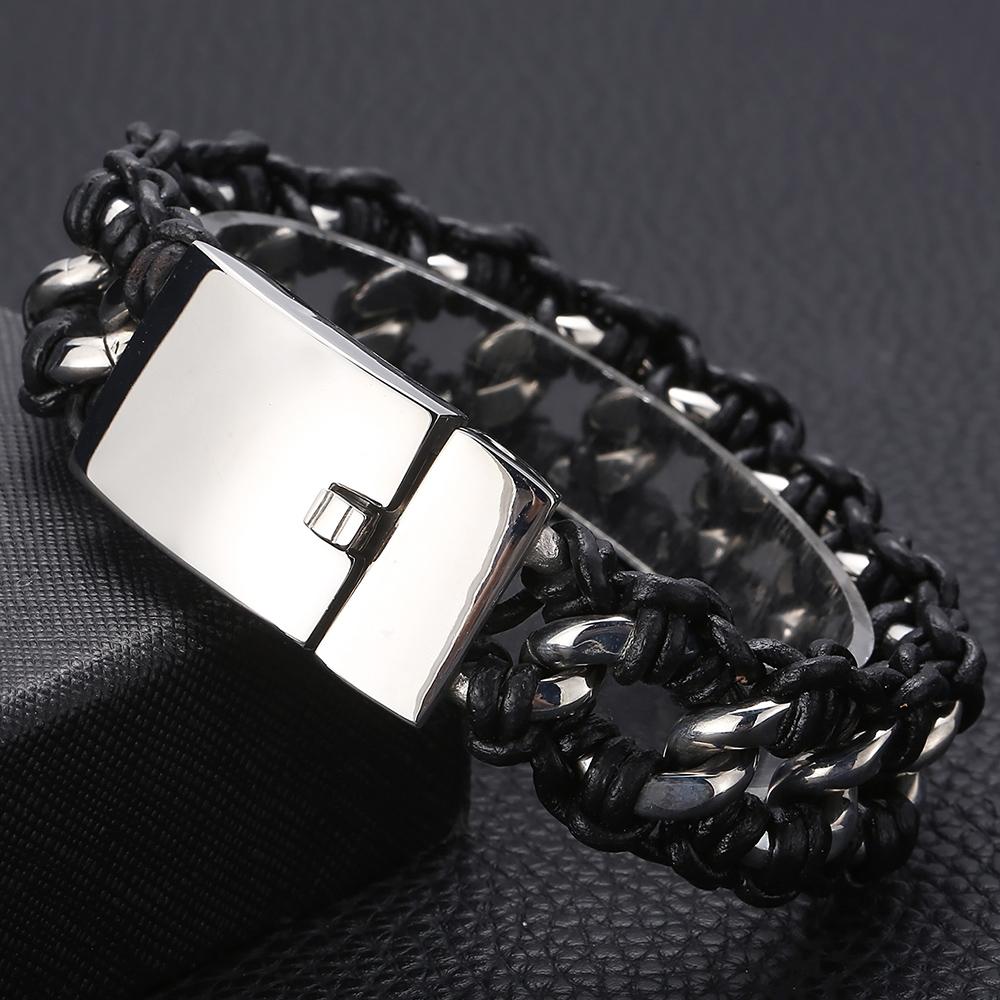 Herren 22MM Poliertes Edelstahl Kubanische Kette Armband für Herren Geflochtenes Leder Wickelarmband Armband Männliches Schmuckaccessoire