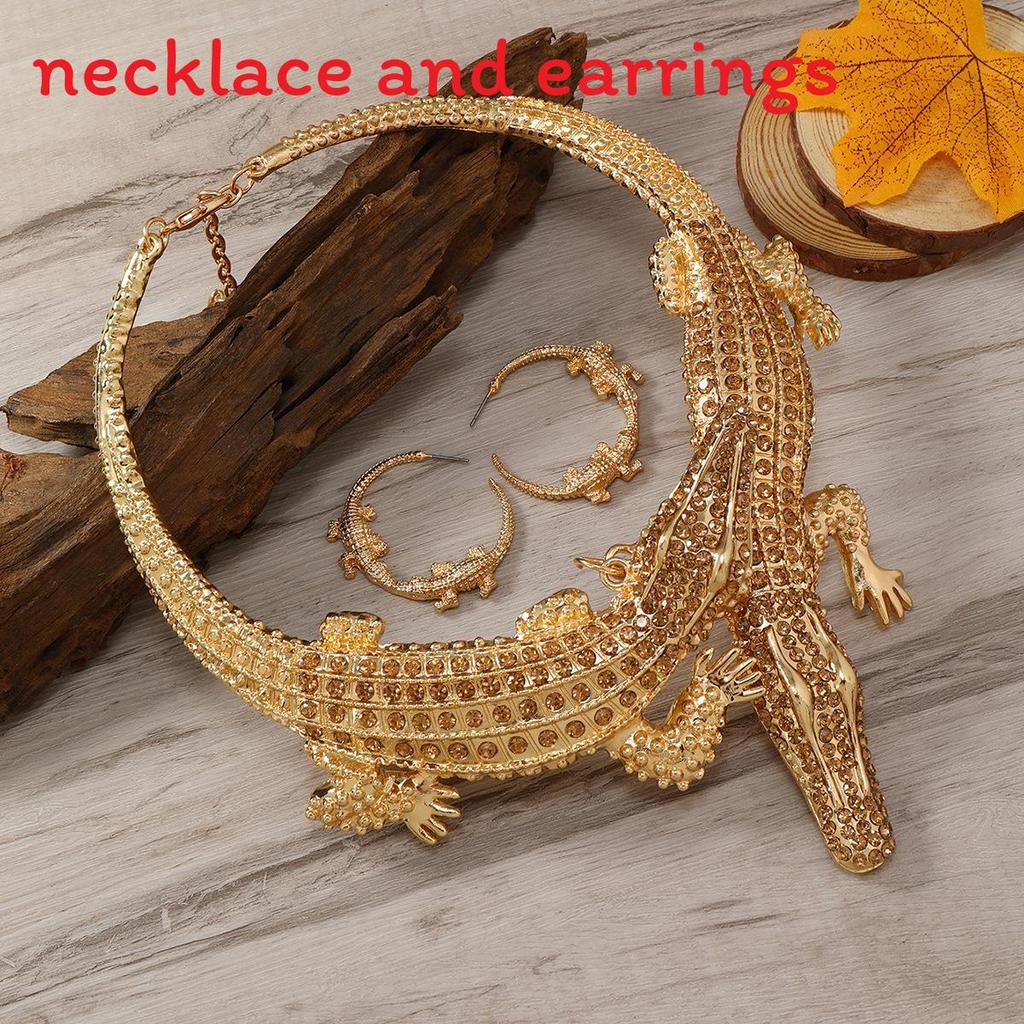 Rhinestone Creative Decoration Crocodile Design Women Necklace And Set Earring