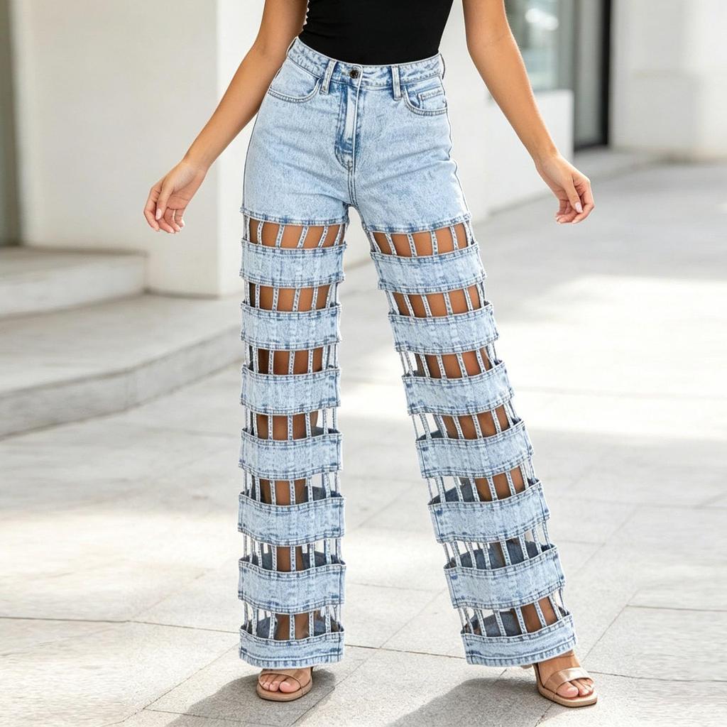 Women's Casual Fashion Hollow Out Denim Jeans Long Pants with High Waist and Straight Leg Cut for Everyday Wear and Street Style