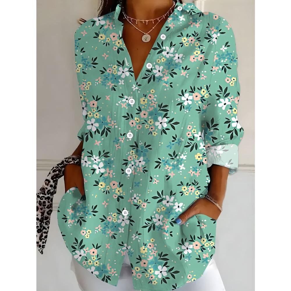 New Large Size Women's Long Sleeve Printed Shirt, Fashion Casual Button Up Lapel Shirt Women's Shirt
