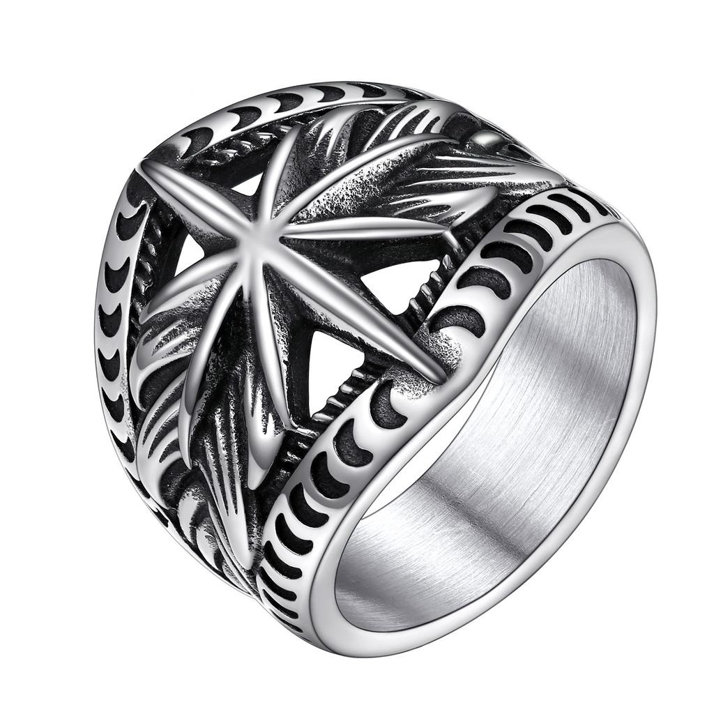 Stainless Steel Crescent Moons Star Rings for Man Woman The Rays of The Sun Ring Size 7-14 Retro Style Couple Jewelry Gift