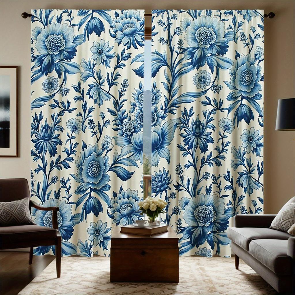 2pcs Blue Floral Print Curtains - Rod Pocket Semi-Sheer Window Drapes   Polyester Sateen Weave    Machine Washable
