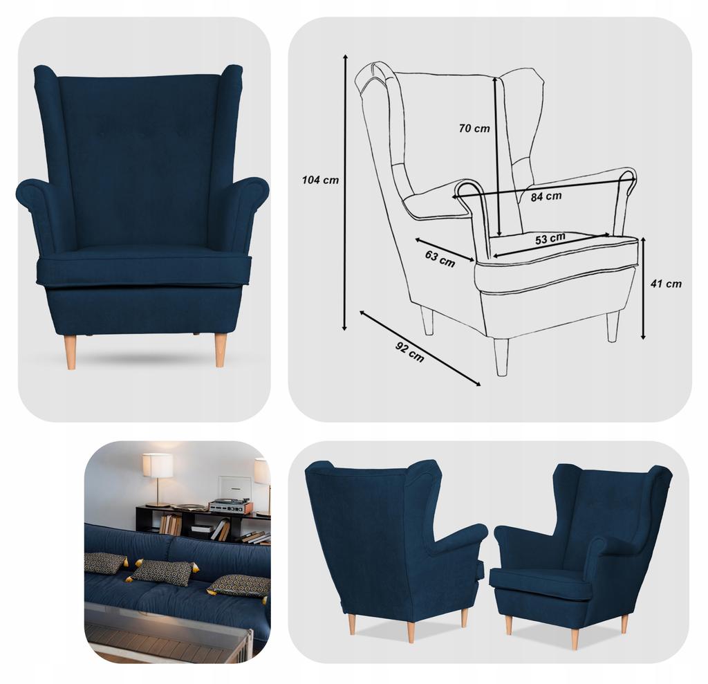 Fotel uszak skandynawski welur Hunter Family Meble granatowy