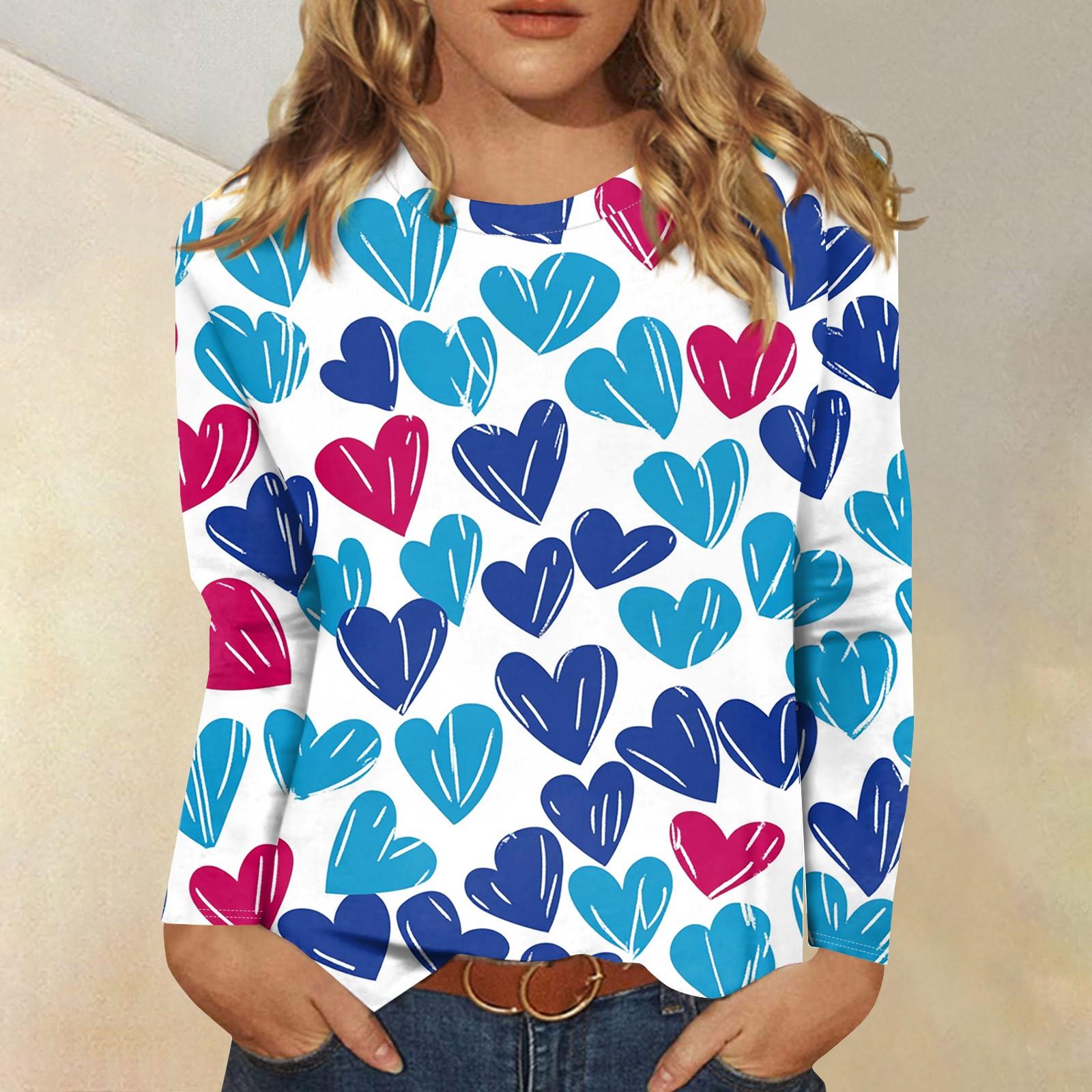 

Рубашки с длинным рукавом для женщин Милые принты Футболки Блузки Повседневные Большие размеры Базовые топы Пуловеры День святого Валентина XL синий