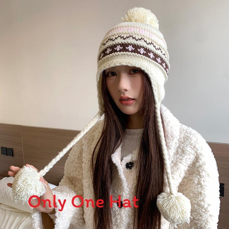 Knit Hat Women Winter Fluffy Ball Beanie With Warmth And Windproof Protection For Casual Fashion белый