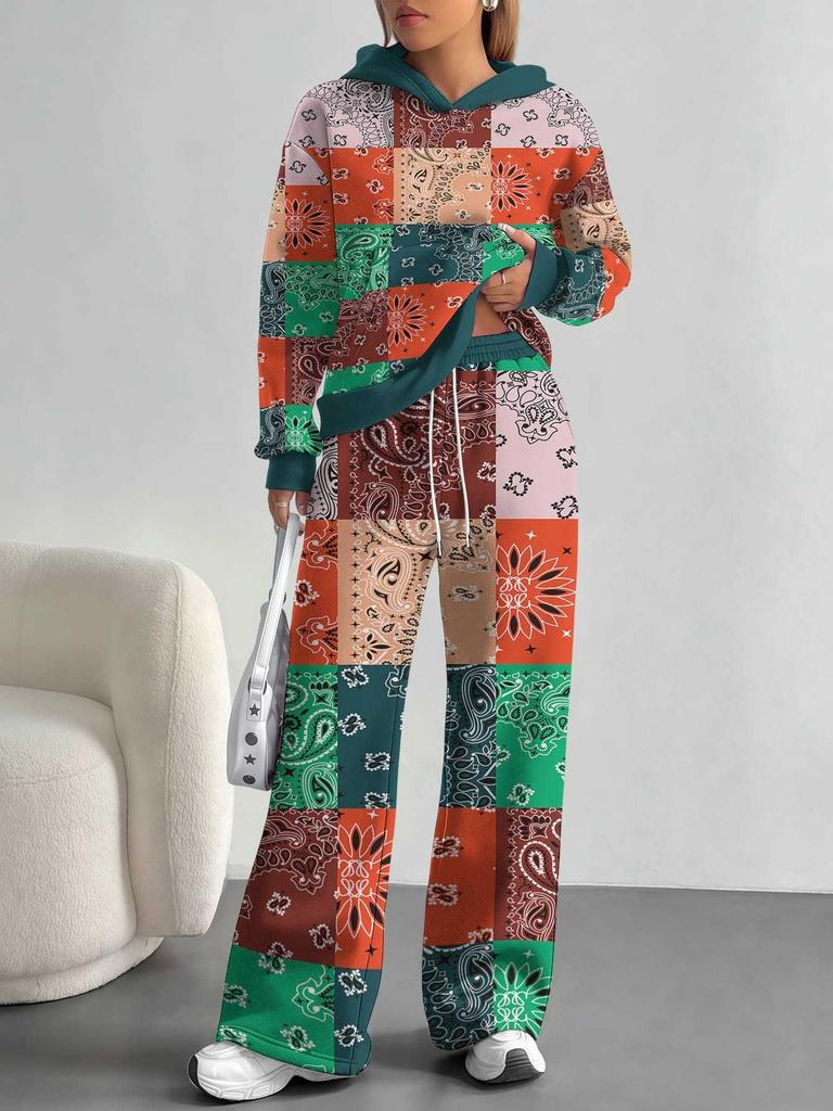 Retro Pattern 1116 European and American Autumn and Winter Casual Long-sleeved Suit Women's Hooded Sweater Trousers Two-piece Set