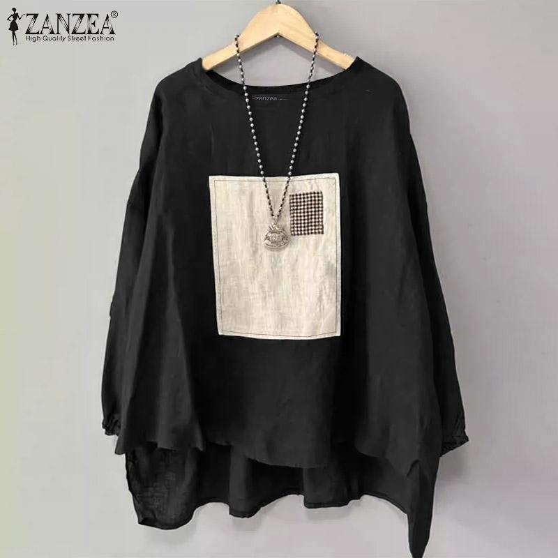 ZANZEA Dámská ležérní halenka s dlouhým rukávem a volným patchworkem do O