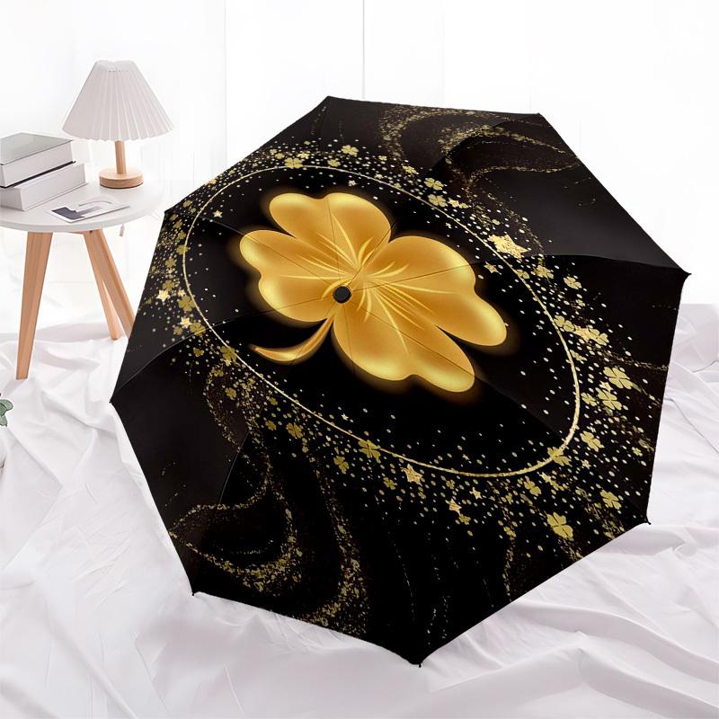 1pc Golden Clover on Black Marble Background Umbrella with Plastic Handle,Vibrant Cartoon Pattern,Multi-functional UmbrellaPT219