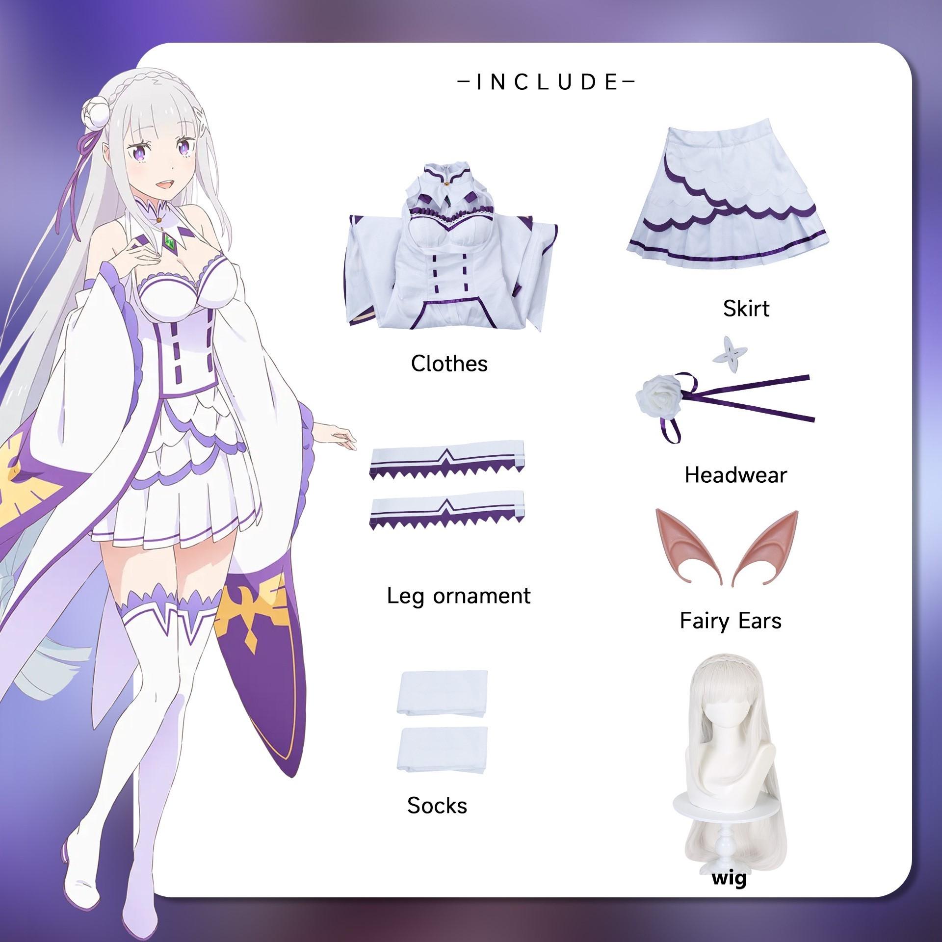 Emilia Rezero Cosplay Tērps Apmetnis Parūka