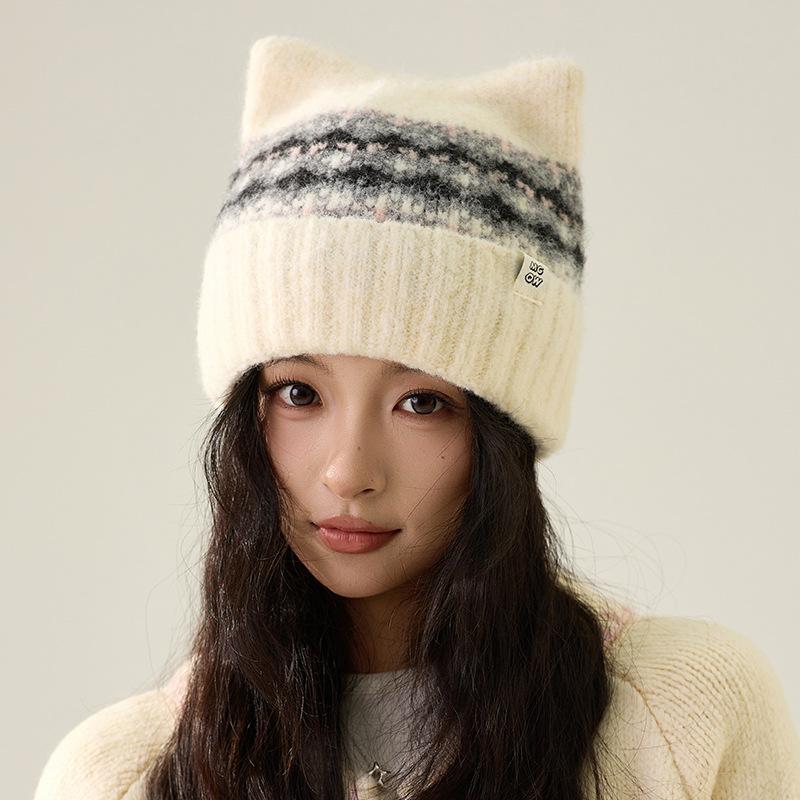 Jacquard Cat Ear Knitted Hat Women's Autumn Winter Warm Wool Hat Cashmere Ear Protection Hat