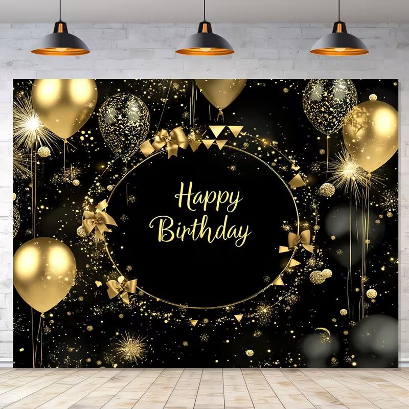 2D Glitter Balloon Birthday Backdrop, Black Gold Themed Party & Photoshoot Banner