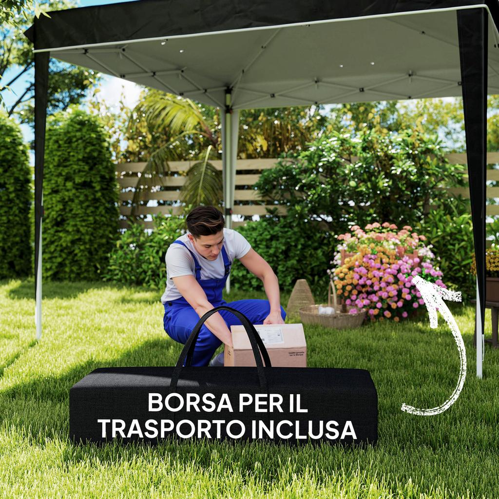 Gazebo 3x3 m for 6-9 People with Adjustable Height and Drainage Holes, in Metal and Black Oxford Fabric