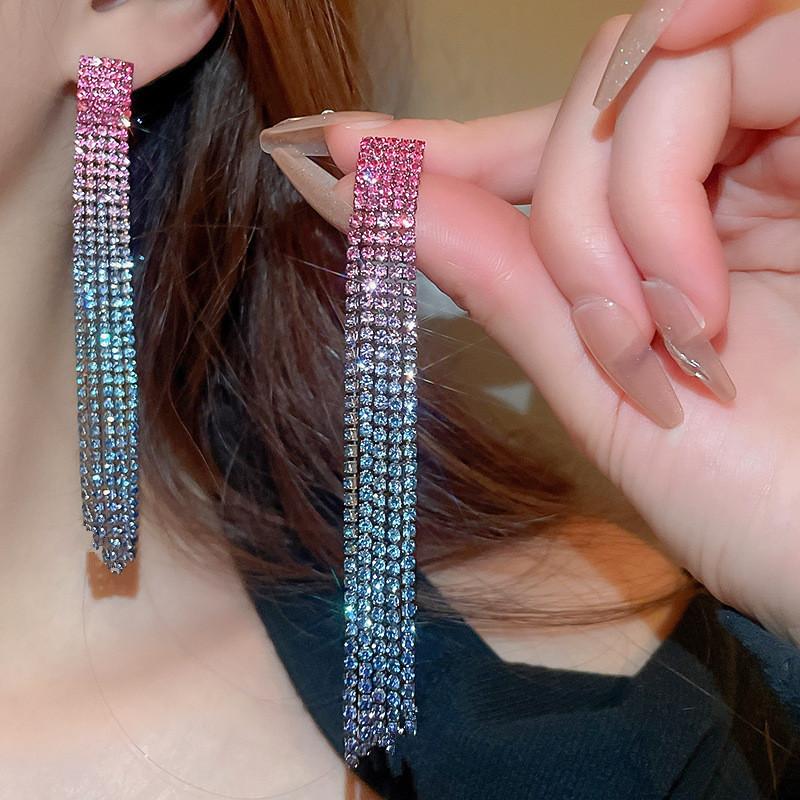 Luxury Super Flash Rhinestone Long Fringed Earrings for Women