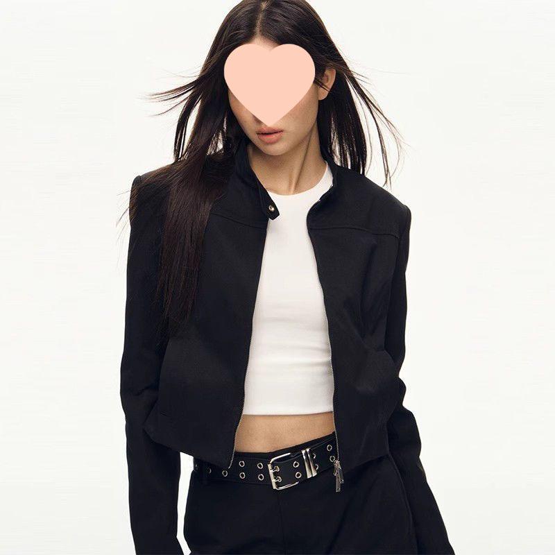 Amerikanische Retro Cool Hot Girl Schwarze Stehkragen Schlankmachende Frühlingsjacke für Damen