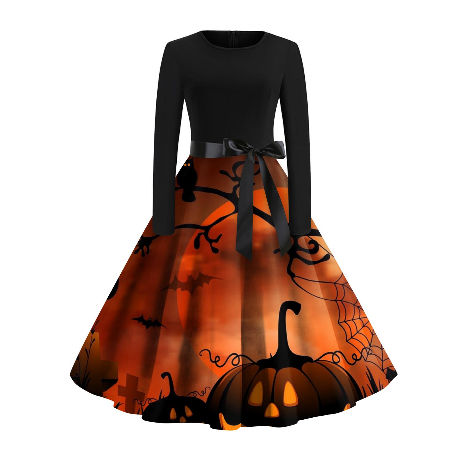 

Женское платье с расклешенным принтом на Хэллоуин с длинным рукавом и круглым вырезом, вечерние повседневные платья M оранжевый