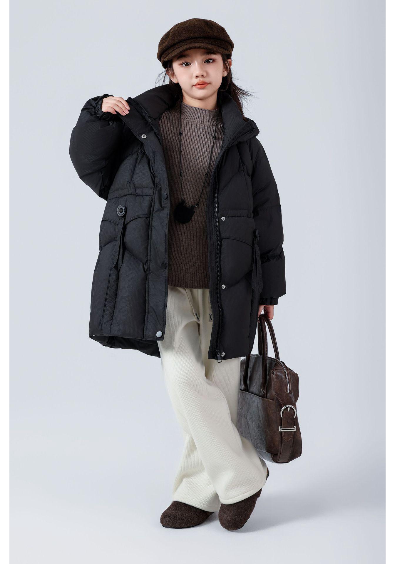 Girls Mid-Length Winter Hooded Casual Down Jacket for New Year 150cm