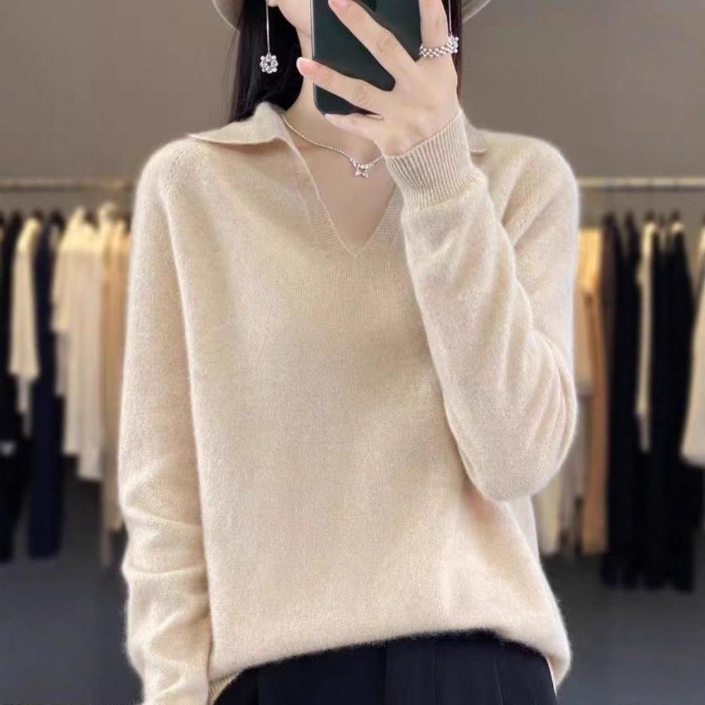 Autumn and Winter POLO Small V-neck Long-sleeved Loose Knitted Base Layer Sweater for Women