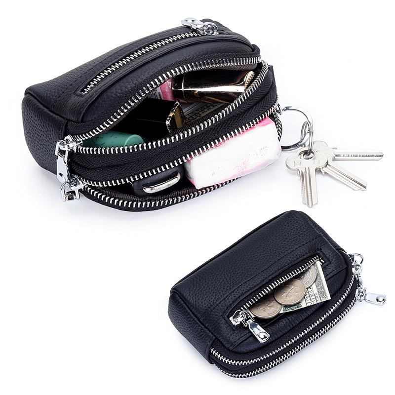 Women's Mini Clutch: Double Zipper Genuine Leather Coin Purse with Large Capacity - First Layer Cowhide