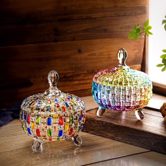 Large Glass Candy Dish with Lid Hand Painted Colorful Candy Jar Decorative Jewelry Box Wedding Buffet Biscuit Container for Cookies Nuts Chocolates
