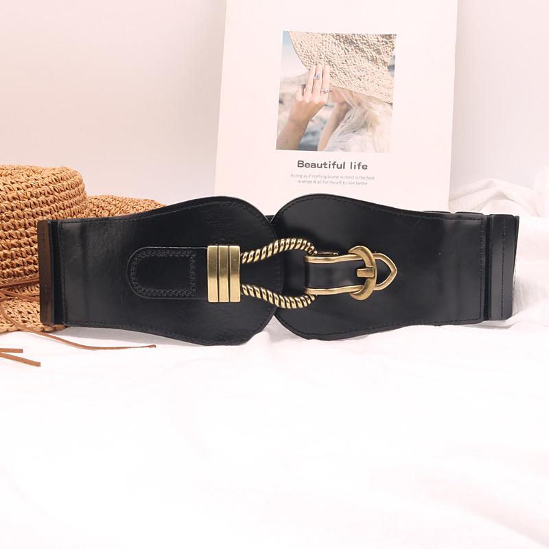 Women s Wide Elastic Leather Waist Belt - Retro Black Cowhide