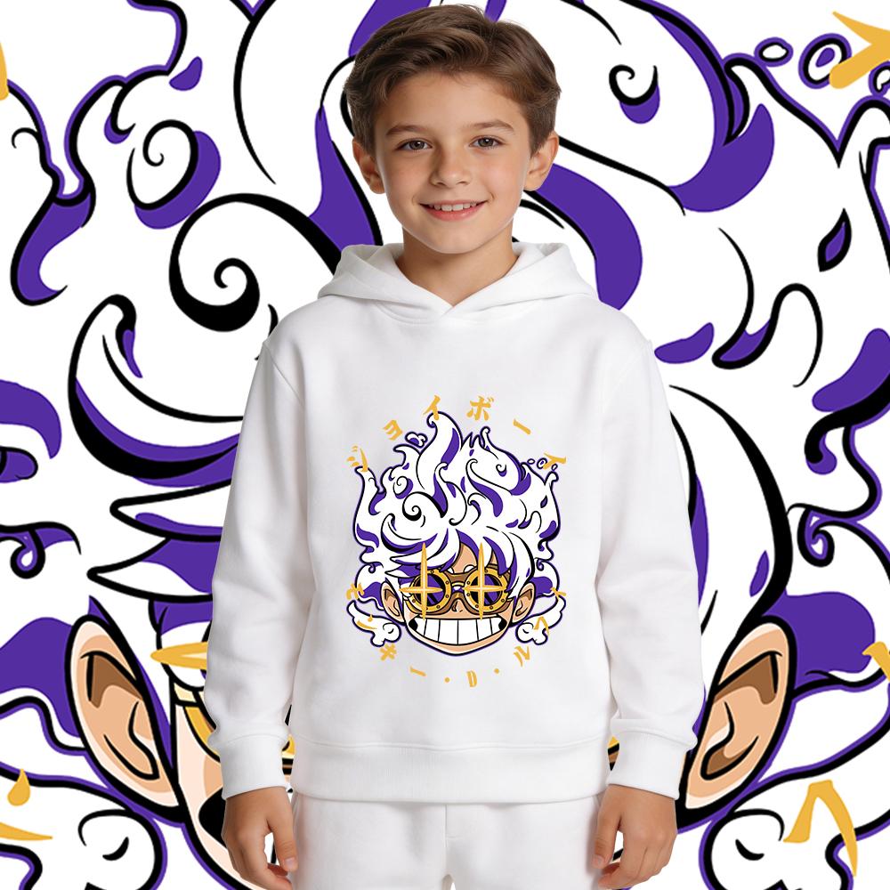 Anime One Piece Luffy Gear 5 Print Hoodie Kids Pullover Hooded Sweatshirt Autumn Winter Streetwear Children Tops